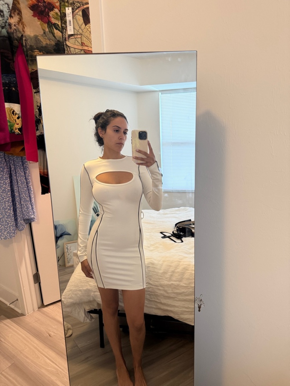 Maniere De Voir White Long-Sleeve Cutout Mini Dress